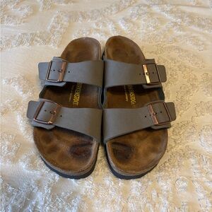 Birkenstock Two-Strap Sandals - Gray with Bronze Buckles